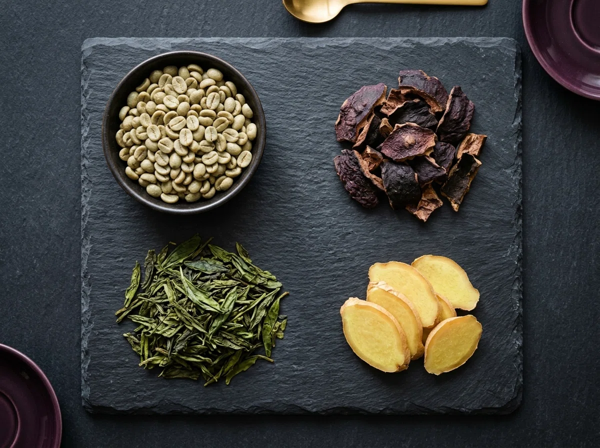 Flat lay of green coffee beans, garcinia cambogia rind, green tea leaves and ginger root - botanicals in Slim Coffee Booster