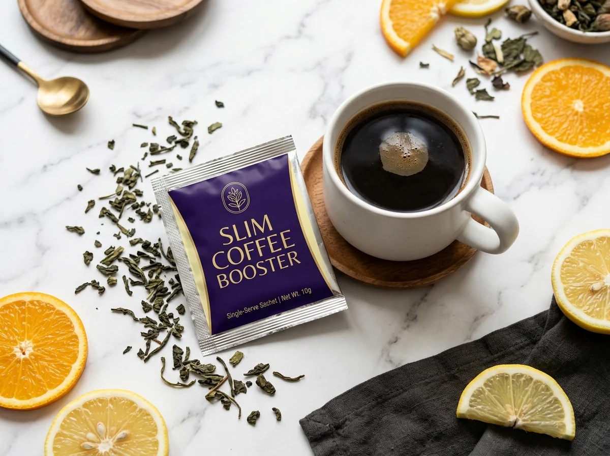 Overhead flat lay of a Slim Coffee Booster single-serve sachet beside a white ceramic coffee mug with green tea leaves and citrus slices