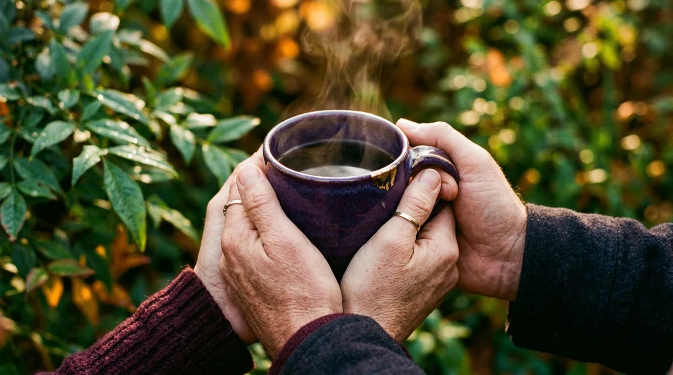 Two hands cradling a warm coffee mug outdoors in soft morning light with green botanical leaves in background